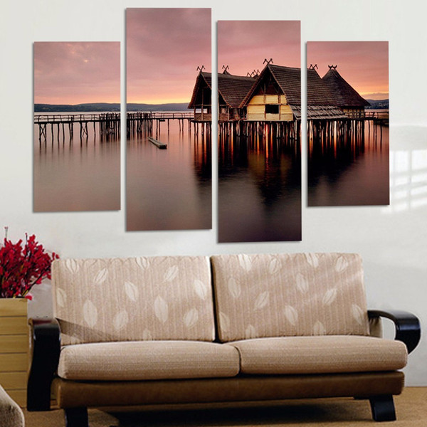 Wholesale New 4 PCS/sets of sea view house Wall Painting sunset beautiful seascape pictures Unframed for home Decoration free shipping