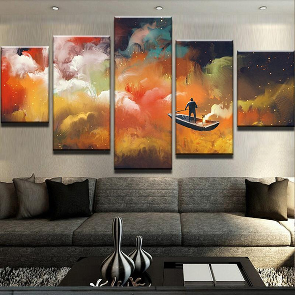 LARGE Panels Abstract Colored People Boat Clouds Painting Giclee Canvas Prints Home Decor interior (No Frame)