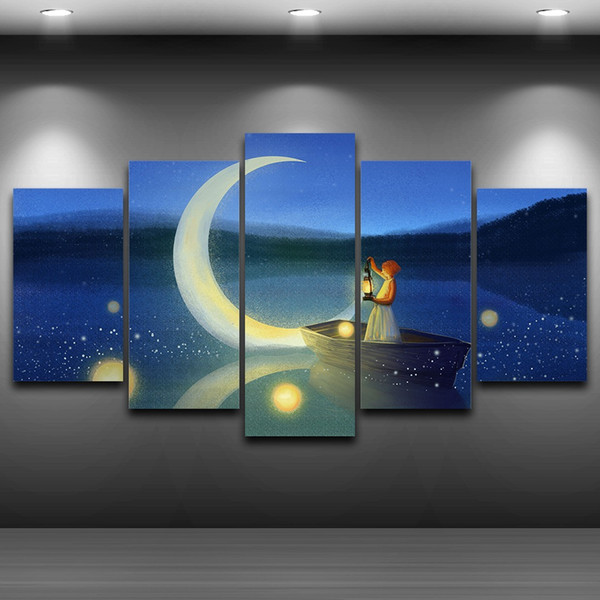 LARGE 5Panels Abstract Cartoon Moon Boat Girl Giclee Canvas Prints Home Decor interior (No Frame)