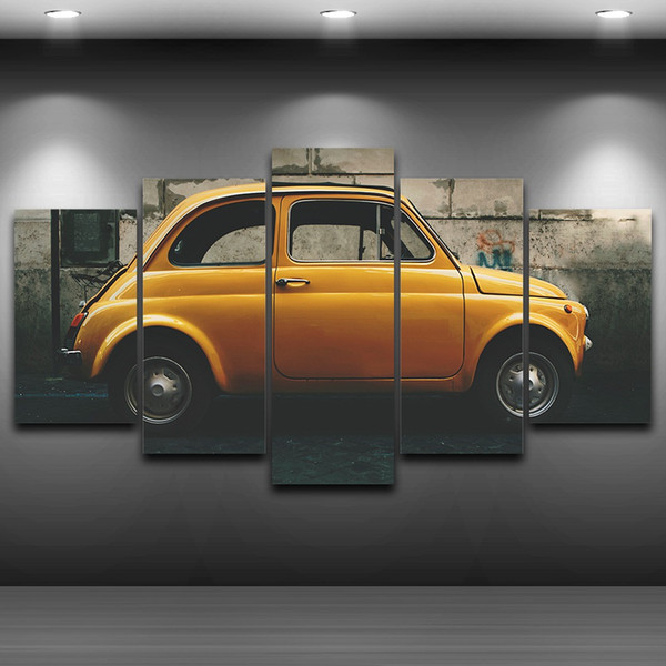 Vintage Car LARGE 60x32 Inches 5Panels Art Canvas Print Yellow Old Vintage Car Poster Wall Home Decor interior (No Frame)