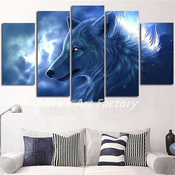 5 Piece Blue Wolf Wall Painting Calligraphy Animal Poster Canvas Prints Art Picture for Home or Sofa Background Decor Quadros Unframed