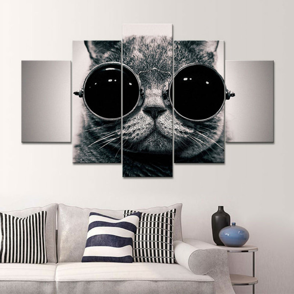 Wholesale 5 Panels of Black Handsome Cat Oil Paintings Canvas Wall Art Pictures for Sofa Background Decor No Frame