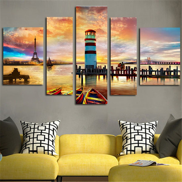 5 Pieces Sunset Scenery Wall Modular Painting Tower and Boats on The River Landscape Canvas Art Pictures for Home Decoration Unframed