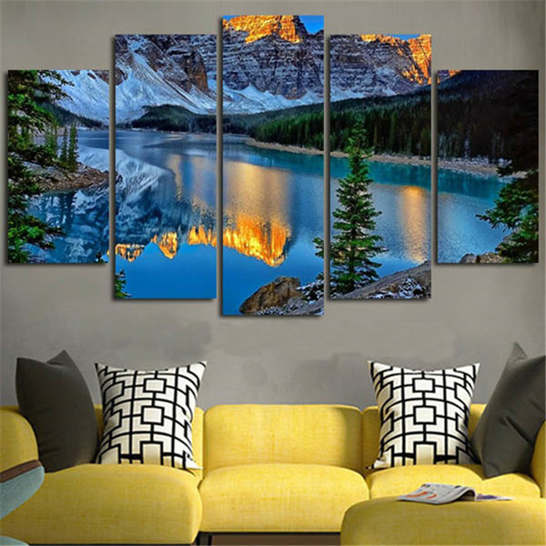 Unframed 5 Panel Snow Mountains and River Landscape Canvas Painting Tree HD Prints Posters Wall Art Pictures for Living Room or Home Decor