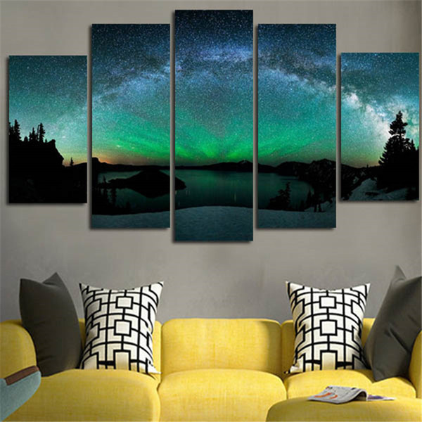 5 Piece Aurora Borealis Wall Picture Night Scenery Canvas Art Painting Posters Print Wall Hanging for Home or Office Decor Unframed