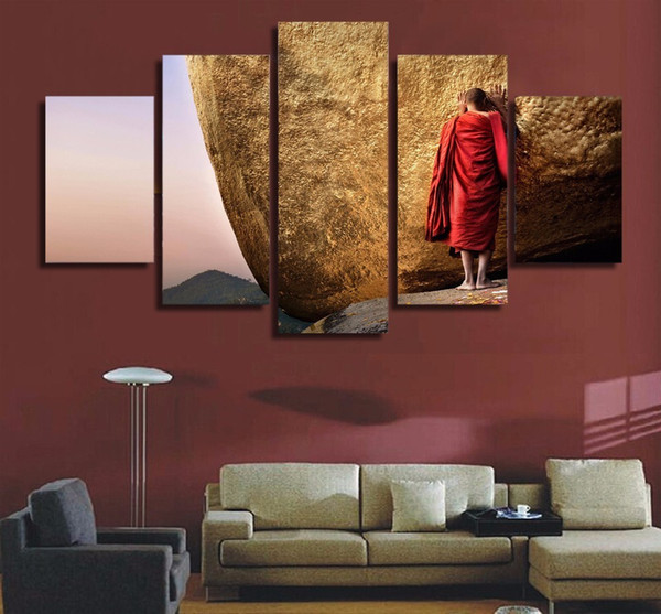 Wholesale 5 Panels Buddhist on Golden Mountains Paintings for Sofa Background Decorate Canvas Art Wall Picture No Frame