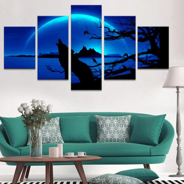 5 piece canvas art wall art prints posters and nordic Modular pictures Howl wolf in the moonlight decoration prints on posters unframe