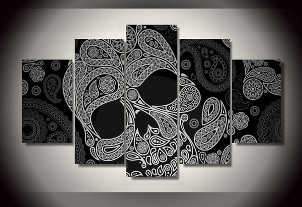 Wholesale Abstract 5 pieces of black and white Skull Canvas Wall Art Picture for Home Decoration unframed free shipping