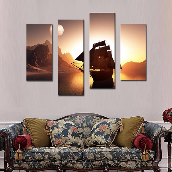 Wholesale 4 pieces boat on the river warship Canvas Print Painting sunset landscape for bedroom Decor HD Wall Art Picture unframed