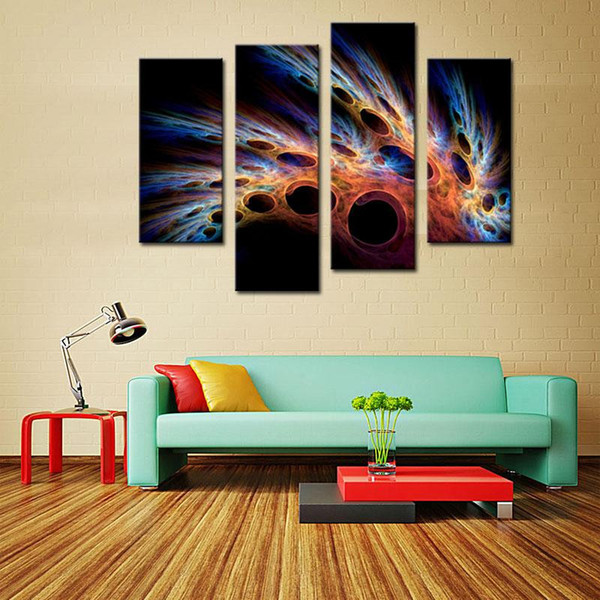 Wholesale Abstract 4 panels colorful feather Canvas art wall Print Painting for living room Decor HD Wall Picture free shipping