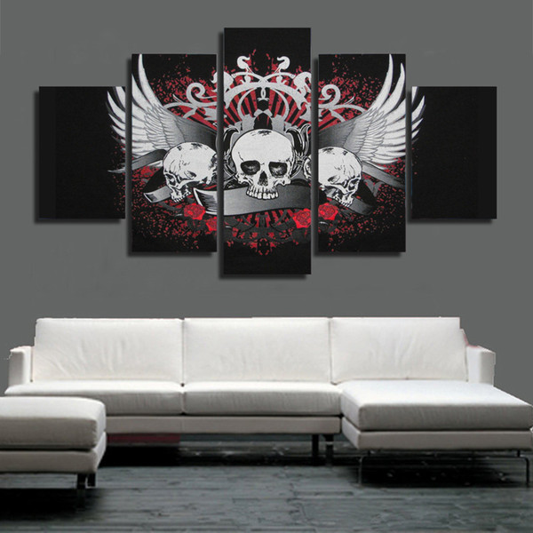 Wholesale Abstract 5 Pieces Skull with Flower Art Pictures for Home Office Coffee Bar Decoration Canvas Wall Painting Unframed