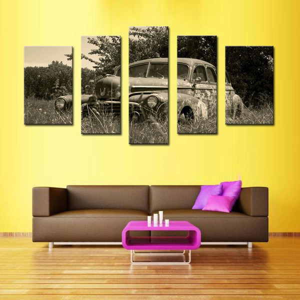 wholesale Classical 5 panels old car on grass Canvas Print Painting for living room Decor Wall Art Picture hot sale free shipping unframed