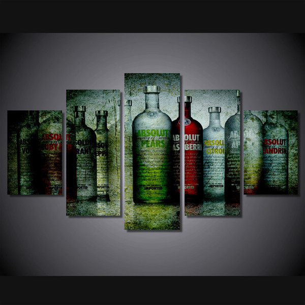 Wholesale Artistic Colorful Vodka Bottles Oil Paintings HD Printed Group Pictures Canvas Wall Hanging for Home or Coffee Bar Decor Print