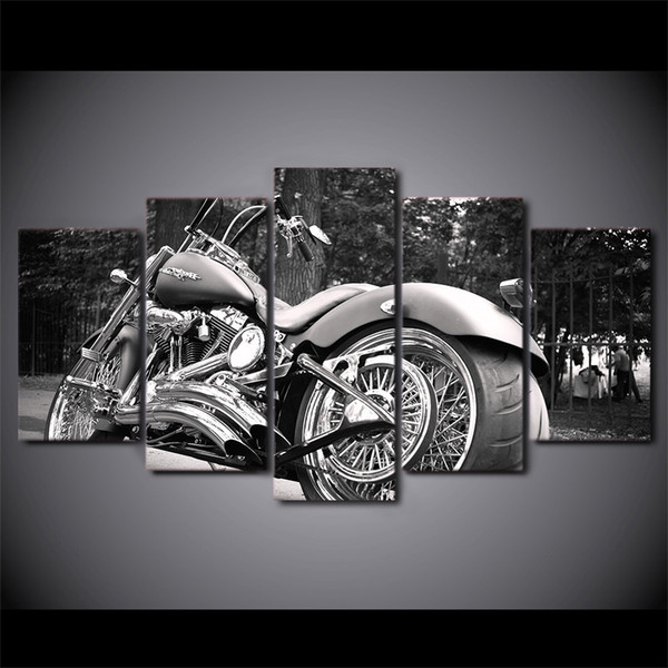 (No Frame) 5 Panles Motorcycle Bike White Black Vintage Spray Oil Painting for Modern Home Decoration