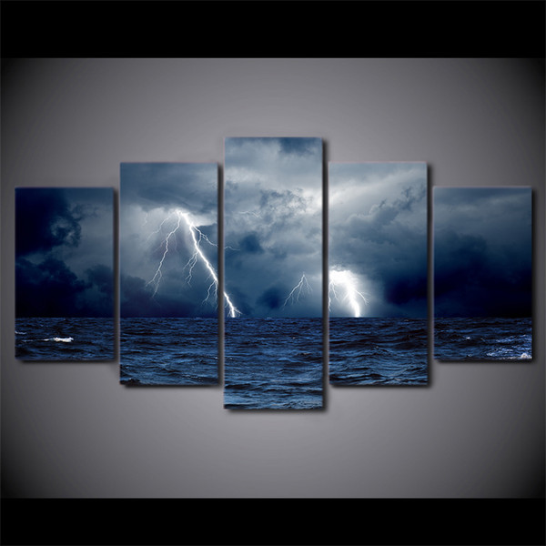 (No Frame) 5 Panles Cloud Waves Sea Ocean Storm Lightning Seascape Spray Oil Painting for Modern Home Decoration