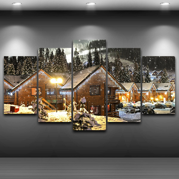 Christmas Tree Night Paintings LARGE 60x32 Inches 5Panels Art Canvas Print Snow House Christmas Tree Night Posters Wall Home Decor inte