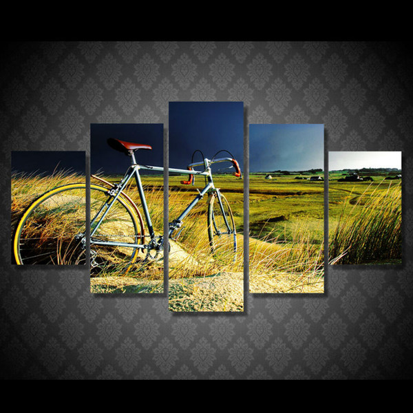 Landscape LARGE 60x32 inches 5 Panels Art Canvas Print Bicycle In The Endless Wilderness Poster Wall home Decor interior (No Frame)