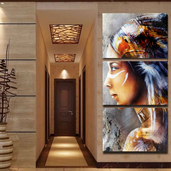 HD print 3 pcs canvas wall art Native american girl canvas painting home decor wall art picture for living room decor no frame