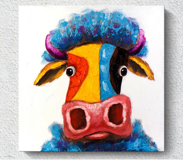 Wholesale freeshiping Spraying Oil Painting Printing Abstract cute colourful Cow Unframed semi-manufacture Fiber cloth Painting home decor