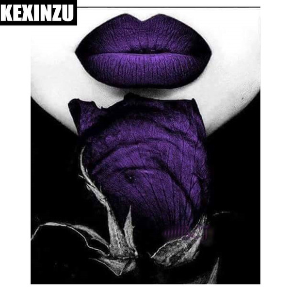Kexinzu Full Square Diamond 5D DIY Diamond Painting Purple rose Lips Embroidery Cross Stitch Rhinestone Mosaic Painting Decor