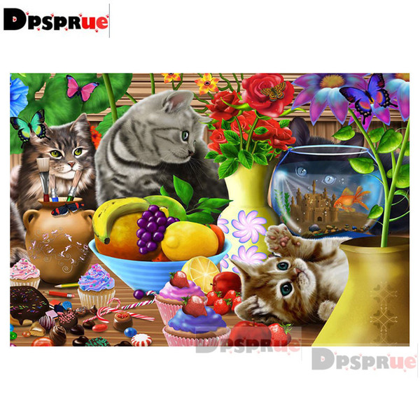 Dpsprue Full Round Drill 5D DIY Diamond Painting Kit Animal Cat Embroidery Cross Stitch Mosaic Rhinestone Home Decor Gift S204