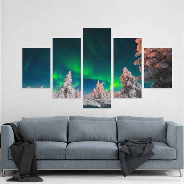 5 Pieces Canvas Posters and Prints Performing Snow mountain Aurora modern Oil Painting Canvas Wall Pictures Living Room Home Decor S-73