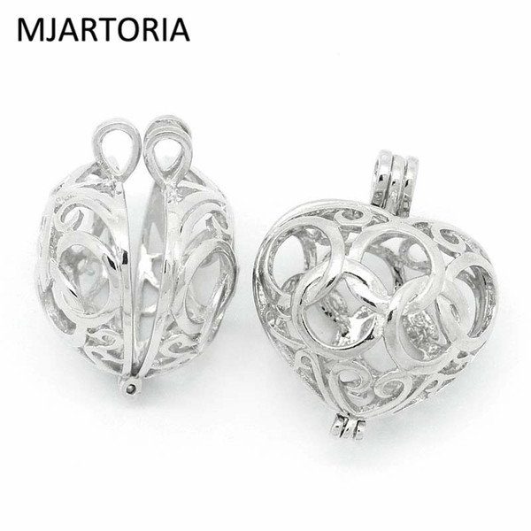 MJARTORIA 3PCs Bola Copper Charm Pendants Hollow Heart Bead Cages Locket Silver Fit Music Ball DIY Jewelry Gift For Pregnant