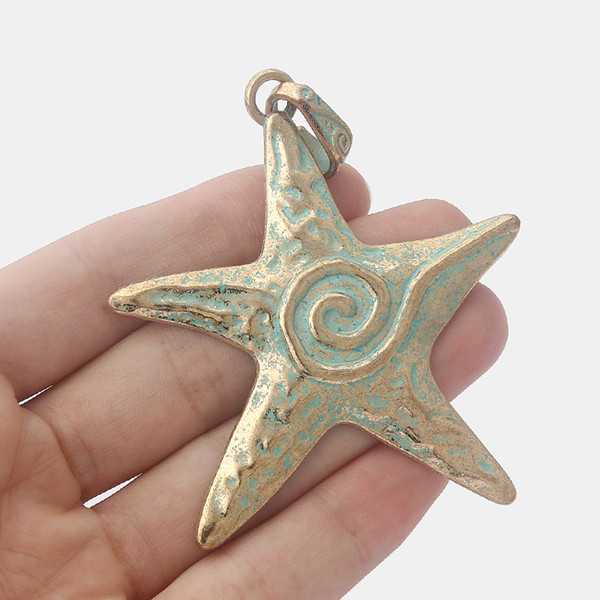 5pcs Large Antique Gold & Verdigris Patina Sprial Starfish Sea Star Pendants for Jewelry Making Findings 73x67mm