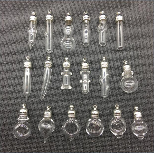 50pcs/lot mixed shape glass Vial Pendant 5mm metal cap rubber plug mini charm rice bottle miniature vials Vial Pendants set