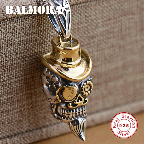 BALMORA 100% Real 925 Sterling Silver Punk Skull with a Hat Pendants for Necklace Men Accessories Fashion Cool Jewelry SY13011