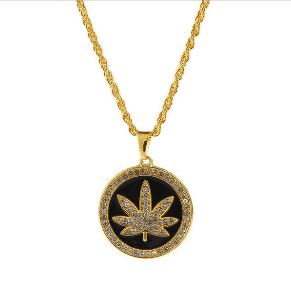 Men's Hip Hop Gold Plated Ice Out Round Maple Leaf Pendant 28