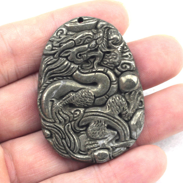 37x51mm Natural Pyrite Stone Pendant Natural Pyrite Stone Beads Jewelry For Brave Man Dragon Carved Free Shipping