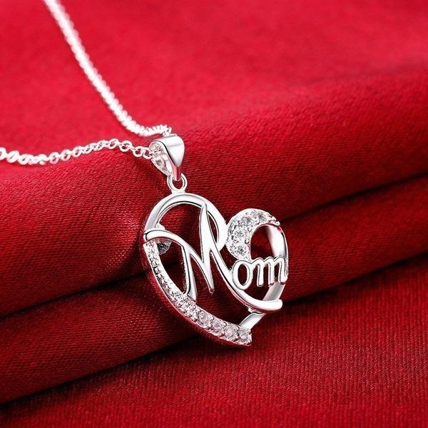 Contrast Color Crystal Heart Mom Necklace Pendant Diamond Fashion Love Mom Jewelry Mother Birthday Day Gift Will and Sandy