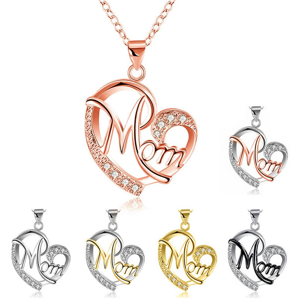 Contrast Color Crystal Heart Mom Necklace Pendant Diamond Fashion Love Mom Jewelry Mother Birthday Day Gift Will and Sandy