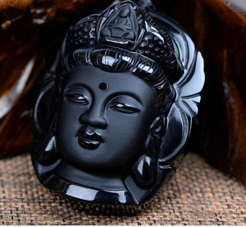 Wholesale- David Kabel Black Buddha Guanyin Head Obsidian Pendant Lucky Amulet Pendant Necklace For Women Men Bead Chain Necklace