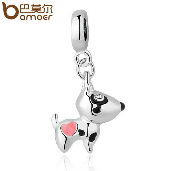 Wholesale- BAMOER Silver Plated Pink Heart Dog Animal Pendants Charms Fit Bracelets Necklaces Women Cute Beads & Jewelry Making PA5328