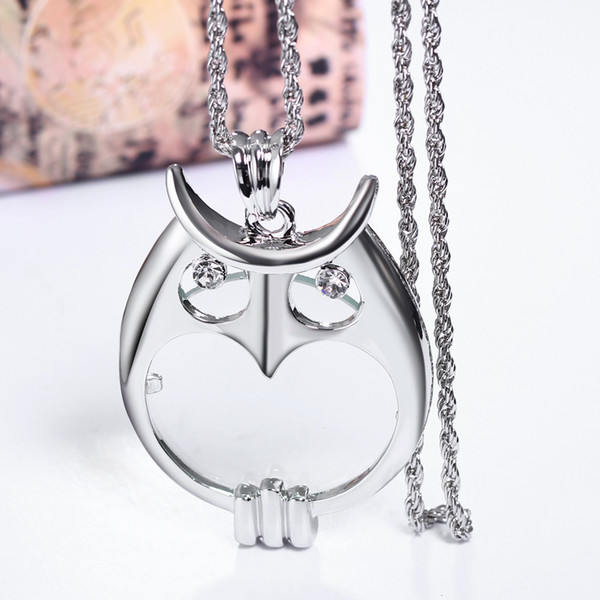 Wholesale-New Owl Pendant Necklace Animal Shape Magnifying Glass For Reading Purpose Convenient White and Gold-color Necklaces jewelry