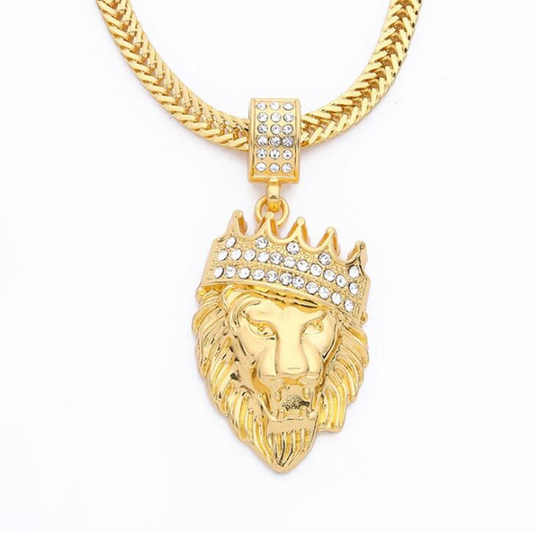 Hi_kenty Hot Sale Diamond Crown Lion Head Necklace Male Neutral Gold Plated Hiphop Pendant Jewelry