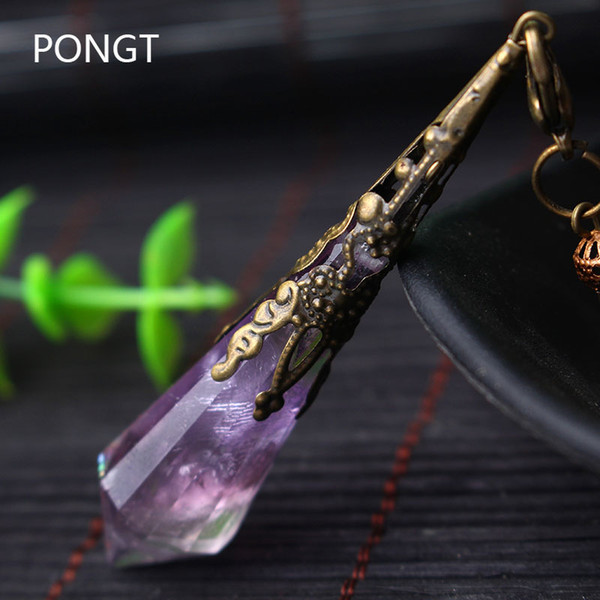 Wholesale- New Natural amethyst Pendulums for dowsing healing crystals Chakra pendulum charms necklace pendant Women Fashion jewelry