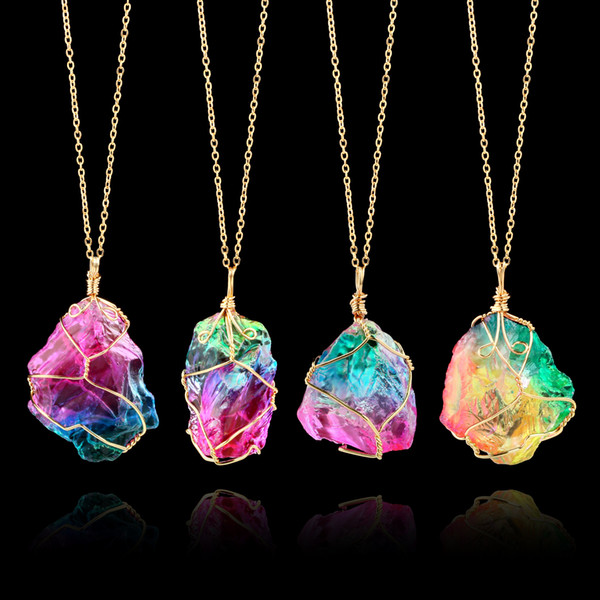 Rainbow Stone Pendant Necklace Fashion Crystal Chakra Rock Necklace Gold Color Chain Quartz Pendant Necklace for Women Gifts