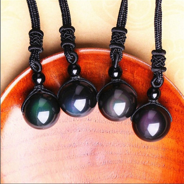 Natural Obsidian Rainbow Eye Transfer Good Luck Bead Pendant Necklace Polyester Rope Chain Necklace Jewelry For women man