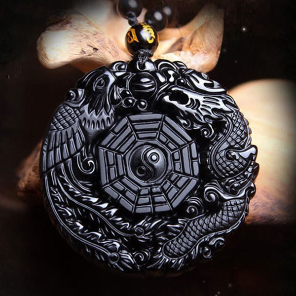 Volcanic Obsidian Phoenix & Dragon Yin Yang Pendant Necklace-FREE P&P/UK Stock