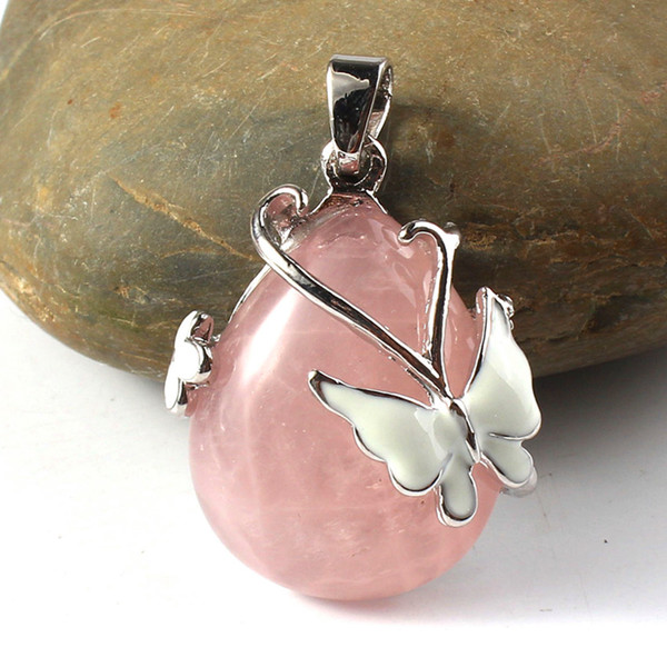 Kraft-beads Elegant Style Silver Plated Natural Rose Pink Quartz with Butterfly Water Drop Pendant