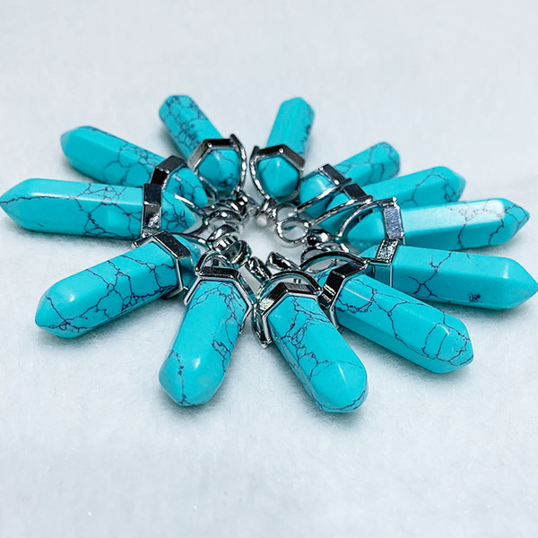 Olivia hot long point placed hexagonal healing pendant blue pine stone pendant crystal charm psychedelic stone pendant healing point