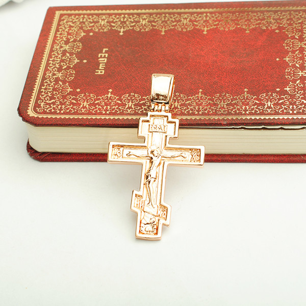 Wholesale-New Women and Men Jewelry Double Side Rose Gold Color Christianity Eternal Church Cross Necklace Pendant Orthodox Cross Jewelry