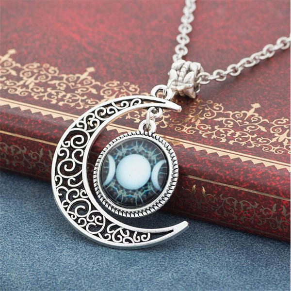 Triple Moon Goddess Pendant Wiccan Jewelry Moon Goddess Necklace Witch Necklaces Glass Dome Choker Necklace Moon Jewellery