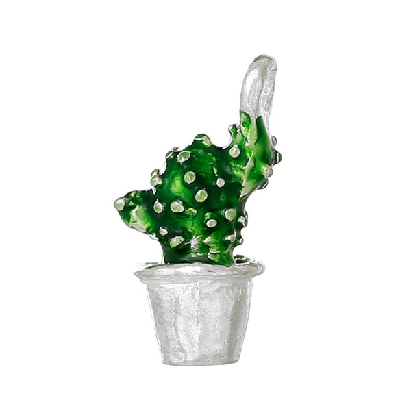 Wholesale- DoreenBeads Charm Pendants Cactus Pot Plant silver color Enamel Green 19mm x11mm(6/8