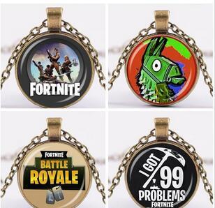 HOT Fortnite Alloy necklace Fortnite Pendant Game Fans Souvenir Fortnite battle Royal glass charm pendants silve gold black copper chains