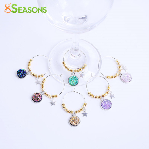 Wholesale-8SEASONS Wine Glass Charms Pendants Mixed Randomly Antique Silver AB Color Resin drusy Cabochon Star Table Deco, 1 Set (6 pcs)