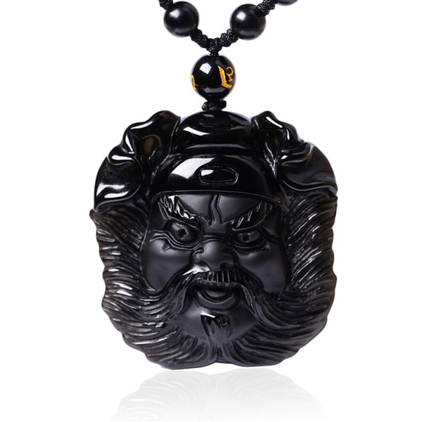 Natural black obsidian Zhong Kui head pendant Bi Xie Hua Sha Tai sui crystal necklace pendant for women and men